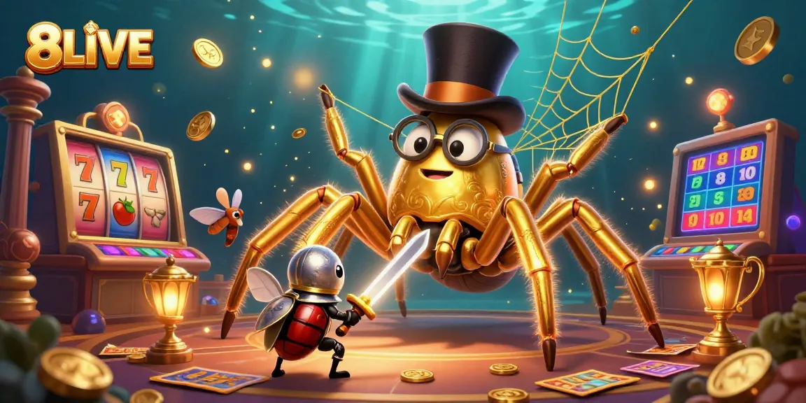 Engage with 8LIVE in this ultra-detailed casino illustration featuring a tarantula and beetle knight.