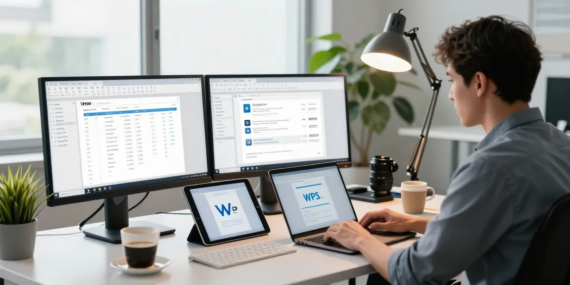 Professional workspace showcasing WPS Official Website applications with monitors and productivity tools