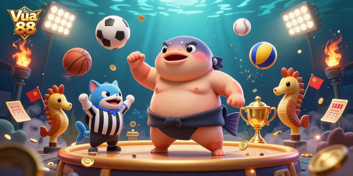 Experience thrilling gaming strategies at Vua 88, featuring a 3D dynamic underwater gambling scene.
