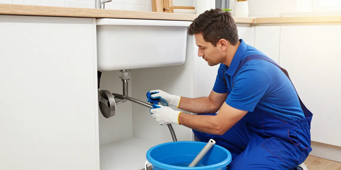 Afvoer verstopt in de keuken, een loodgieter inspecteert de gootsteen met professioneel gereedschap.