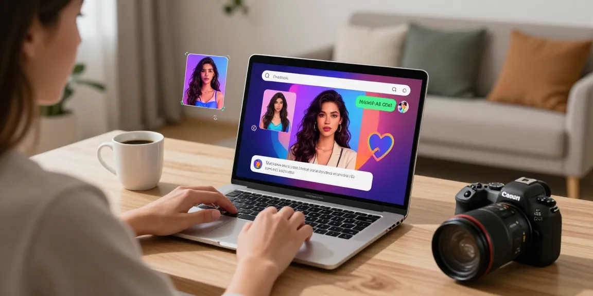 Engaging NSFW AI chat experience on a laptop, showcasing vibrant character visuals and inviting workspace.