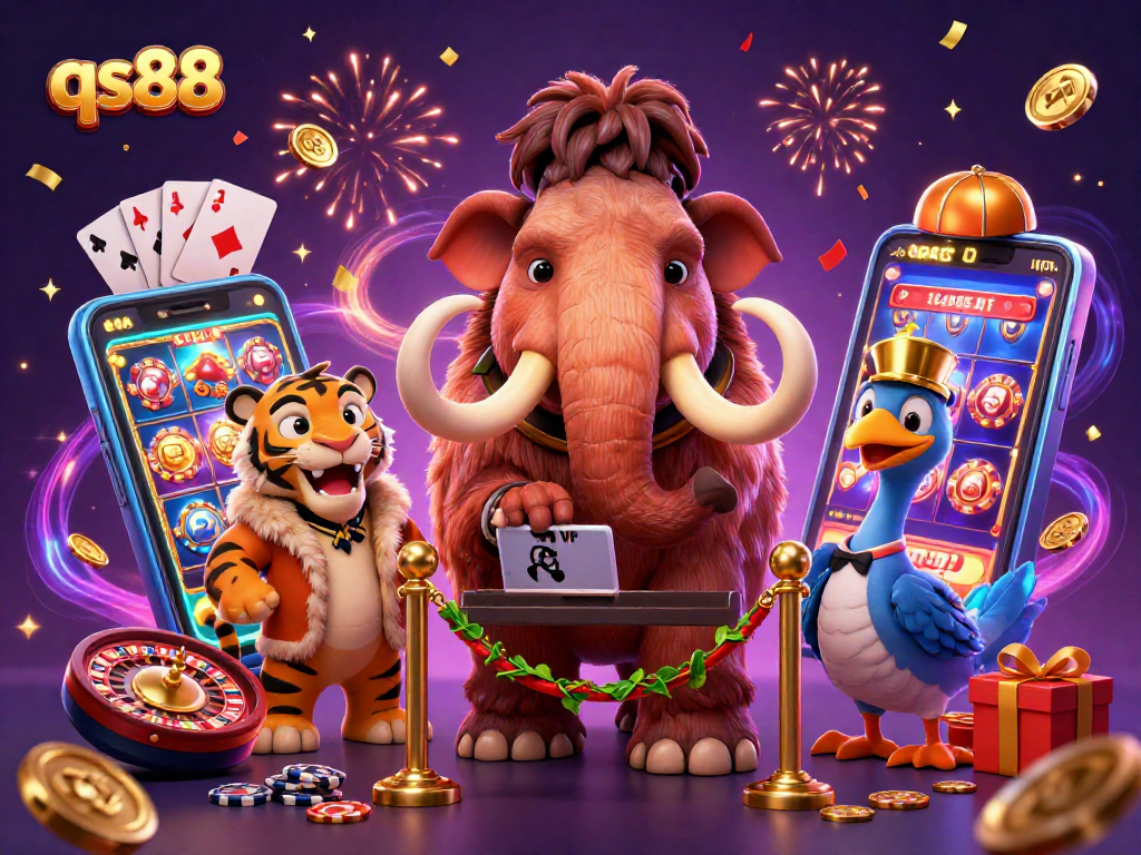 qs88 gaming scene with woolly mammoth bouncer and saber-tooth VIP amid exciting casino elements