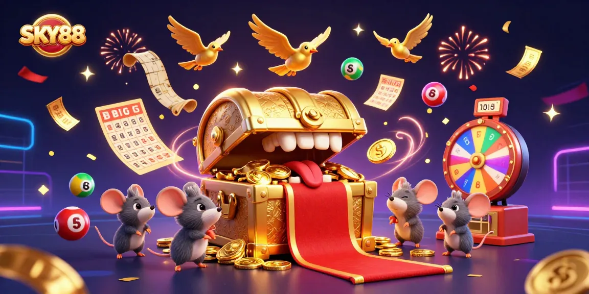 Engage with the excitement of SKY88, featuring vibrant lottery elements and a golden treasure chest.