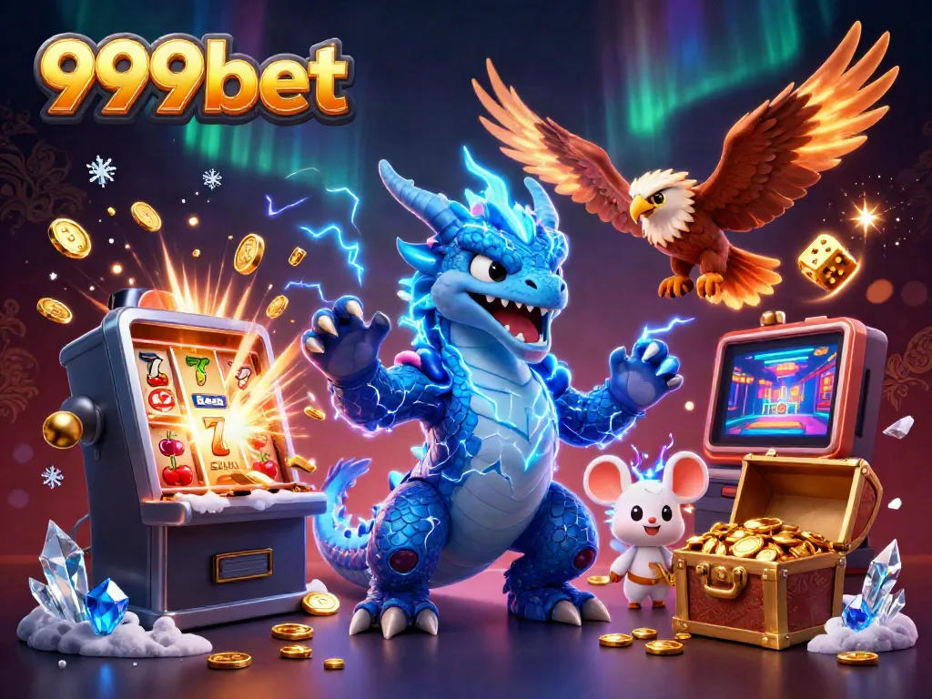Experience the thrill of 999bet with a spectacular scene featuring a thunder dragon, wind hawk, and jackpot explosion.