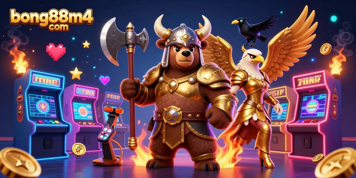 Engage with bon88m4 com through a vibrant casino scene showcasing gaming characters, arcade elements, and dynamic backgrounds.