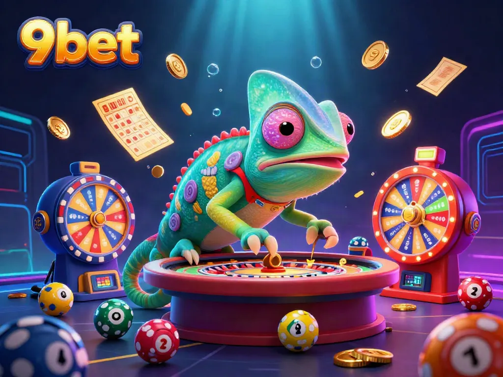 Experience the vibrant world of 9bet with a dynamic chameleon casino owner surrounded by exciting gaming elements.