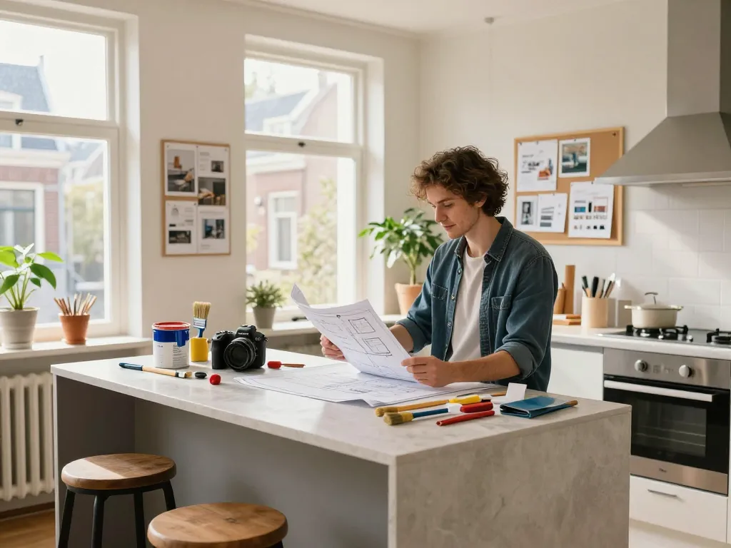 Huiseigenaar plant renovaties in Utrecht, met focus op verbouwing en verhuizing Utrecht met blauwdrukken, gereedschap en een stijlvolle keuken.