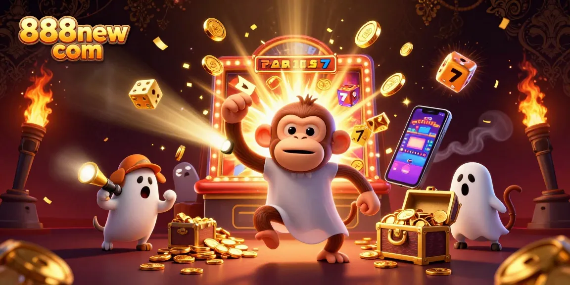 Engage in lively games at 888new com, where a ghost-hunter puppy tracks a playful poltergeist monkey in a vibrant casino setting.