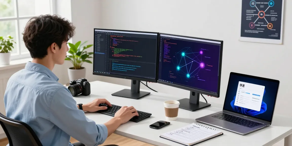 快连 software developer working on network optimization at a modern desk with dual monitors.