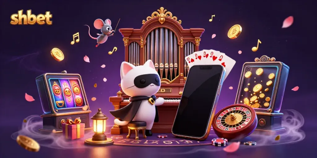 Engage at SHBET's premium casino with a festive scene featuring game elements and characters.