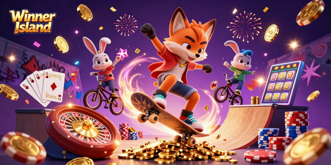 Experience thrilling gameplay at Winner Island with vibrant 3D casino characters and symbols.