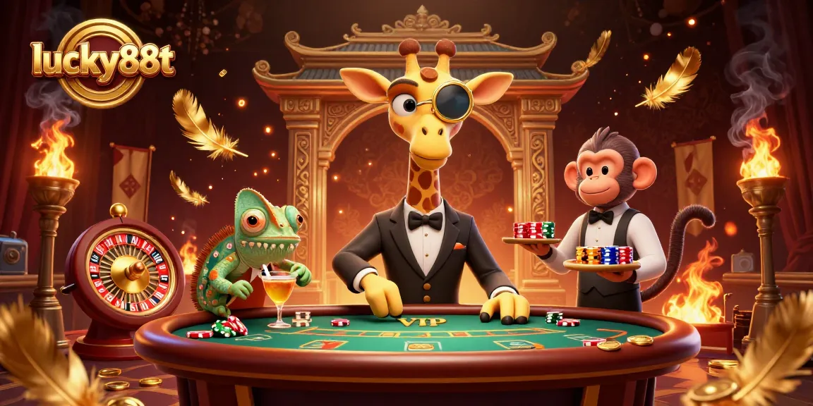 Experience thrilling bets at lucky88t with a vibrant casino scene featuring a high-roller giraffe, monkey valet, and chameleon bartender.