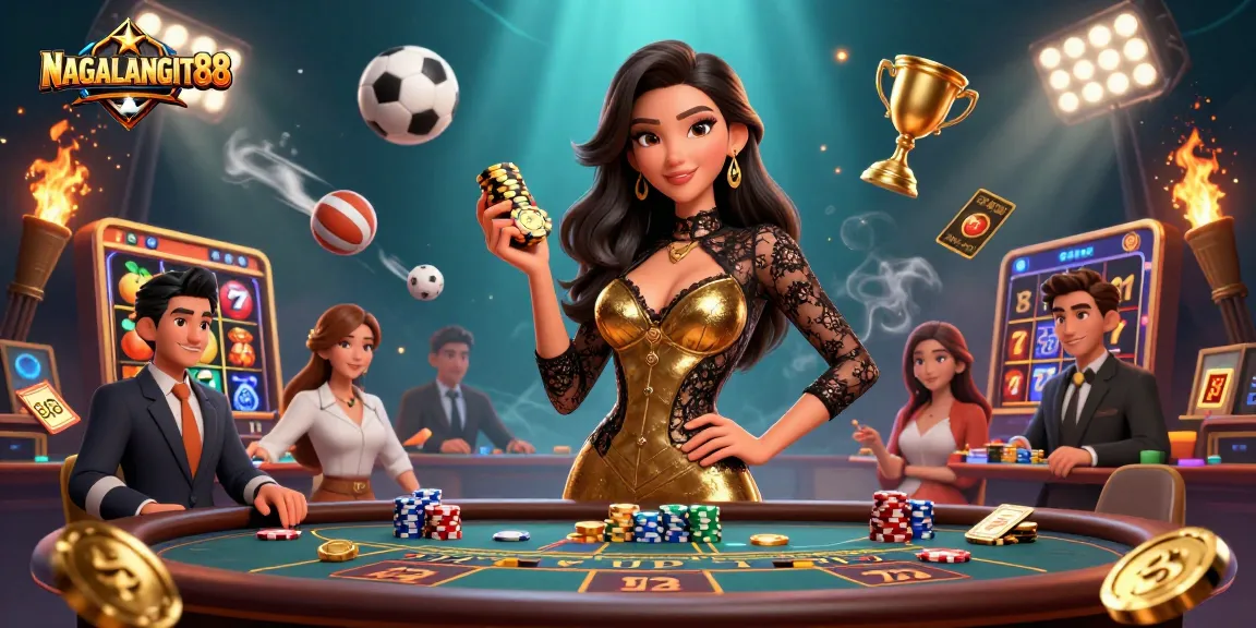 NAGALANGIT88 offers high-stakes excitement with a glamorous player at a baccarat table surrounded by slot elements.