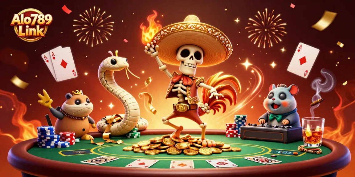 Alo789 Link features dynamic gambling action with a colorful 3D mariachi rooster celebrating on coins.