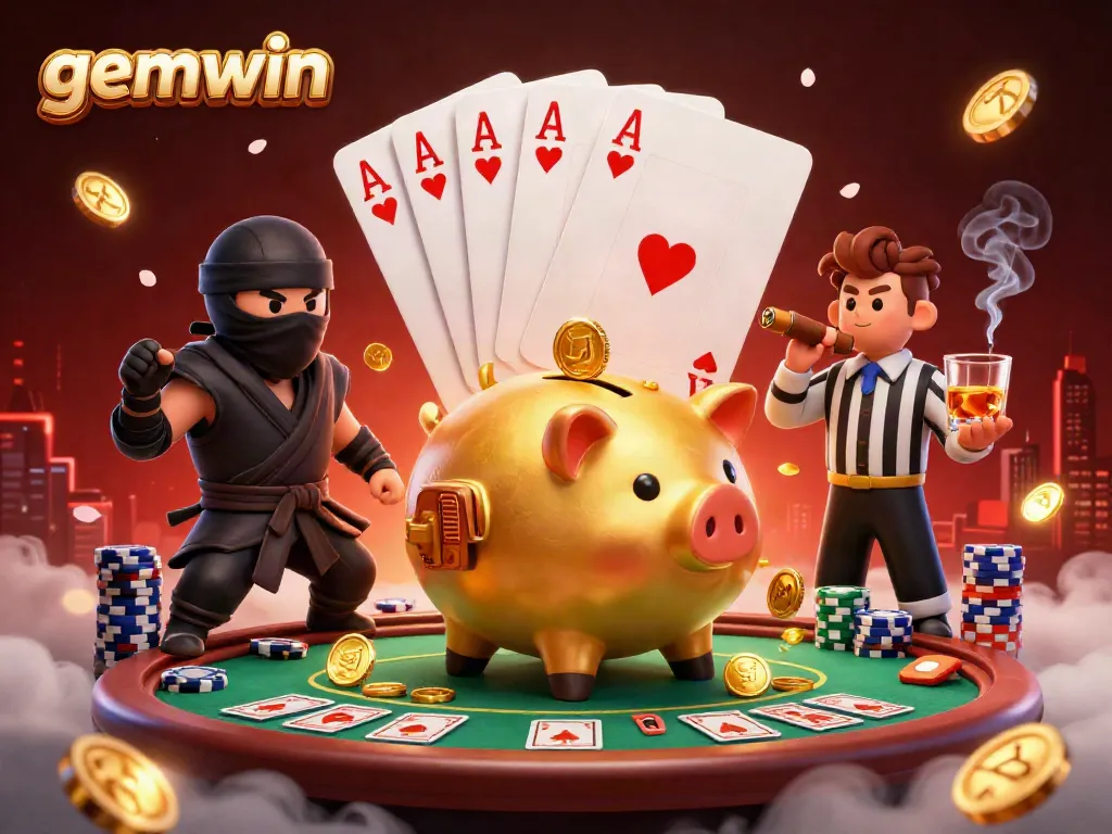 Experience the thrill of gemwin with a piggy bank sumo wrestler and a lively poker scene.