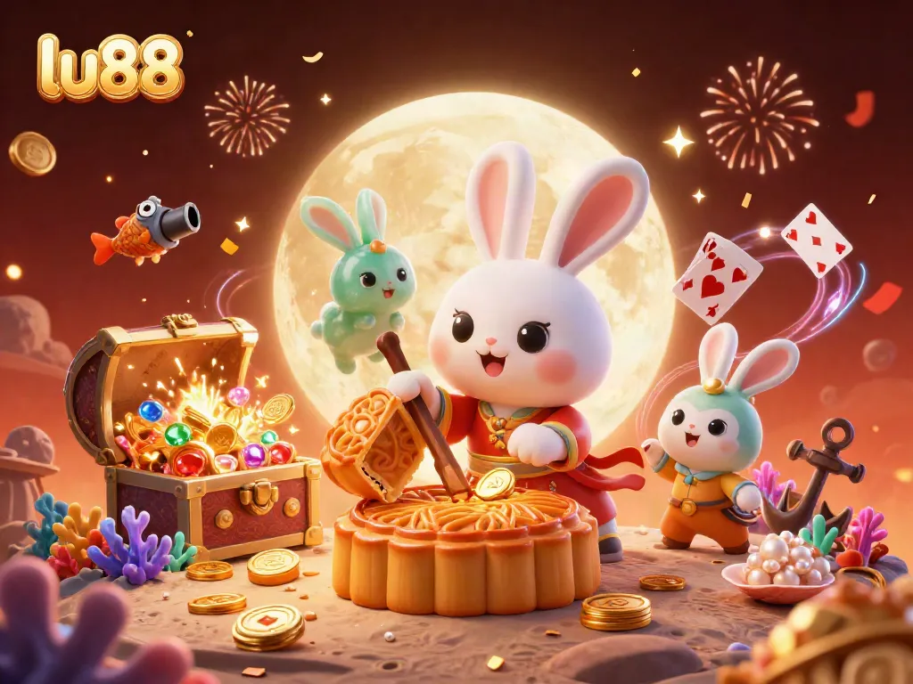 Experience the enchanting world of lu88 as a moon rabbit reveals poker chips from mooncakes amidst a vibrant casino backdrop.