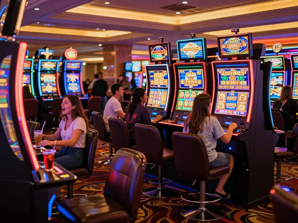 Players enjoying slot pulsa games with colorful machines and vibrant casino atmosphere