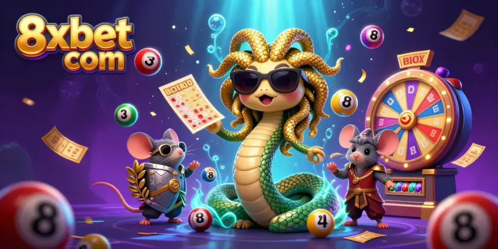 Engage with 8xbet com while enjoying a vibrant 3D casino scene featuring Medusa and lottery elements.