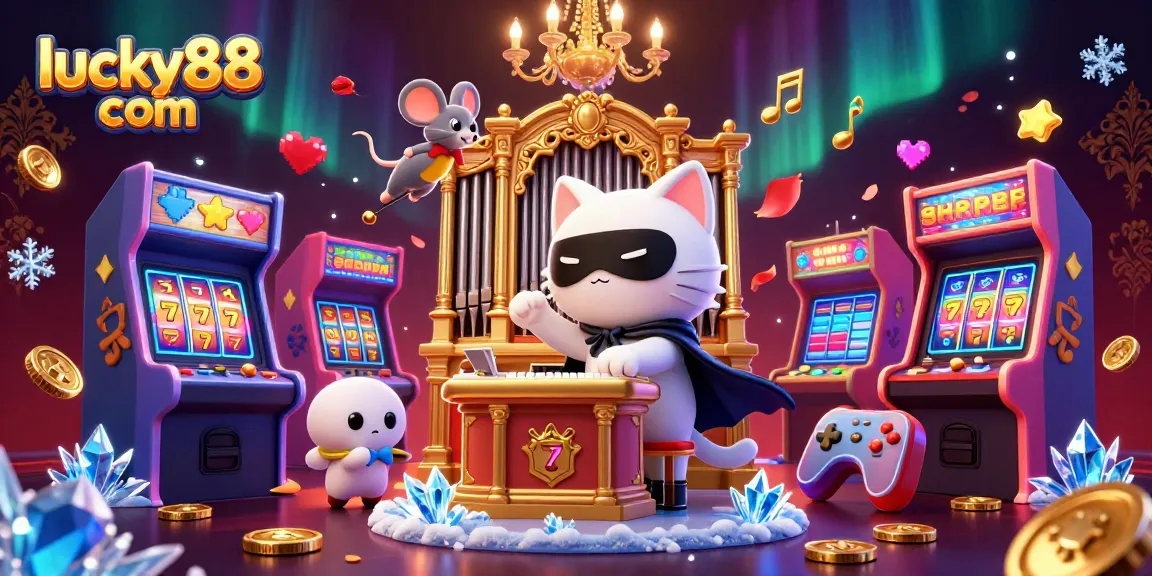 Engage with lucky88 com's vibrant casino scene featuring a thrilling 3D cat and mouse duo among slot machines.