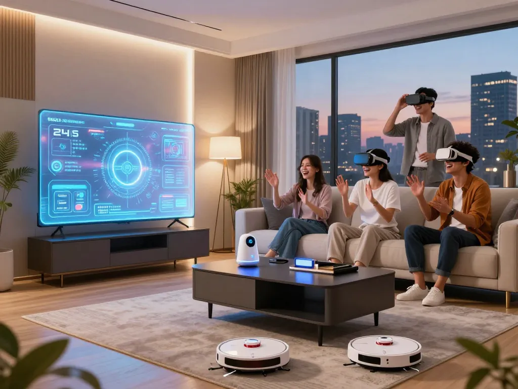Latest tech gadgets 2045 displayed in a modern living room with smart devices and VR headsets.