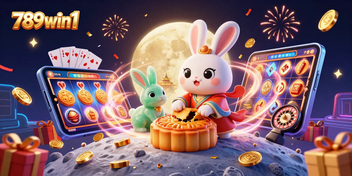Spin to win at 789win1 with a vibrant scene of a moon rabbit celebrating and gaming.
