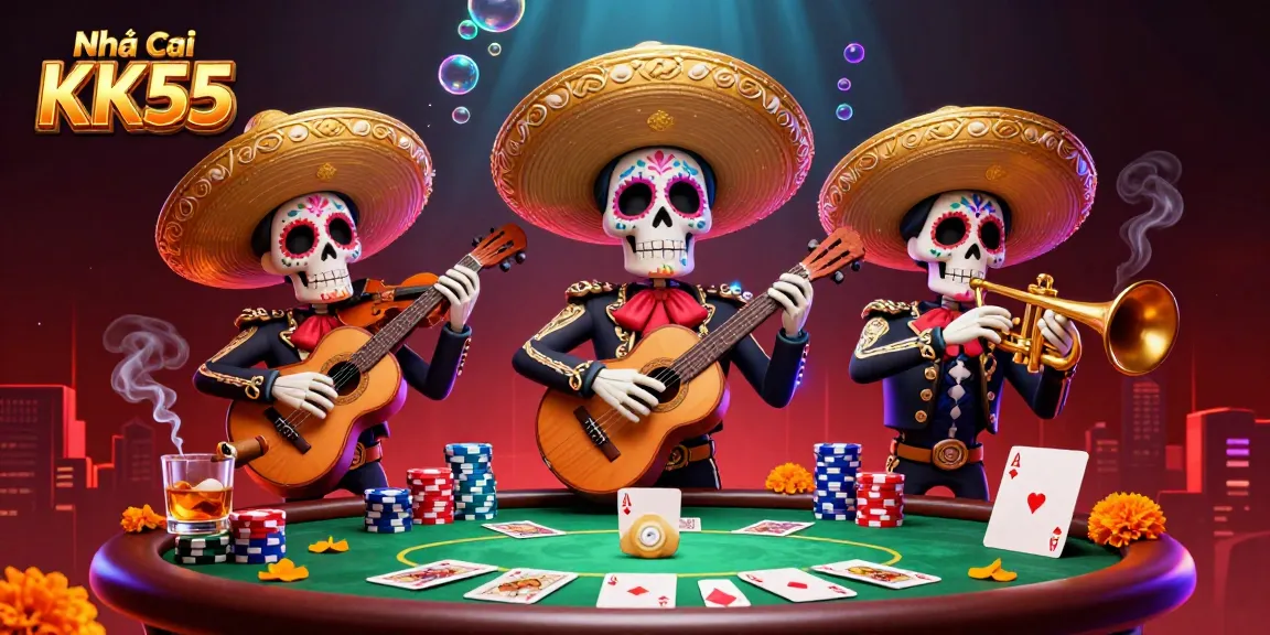 Join the excitement at Nhà cái KK55 with a vibrant skeleton mariachi band ready for high-stakes poker action!