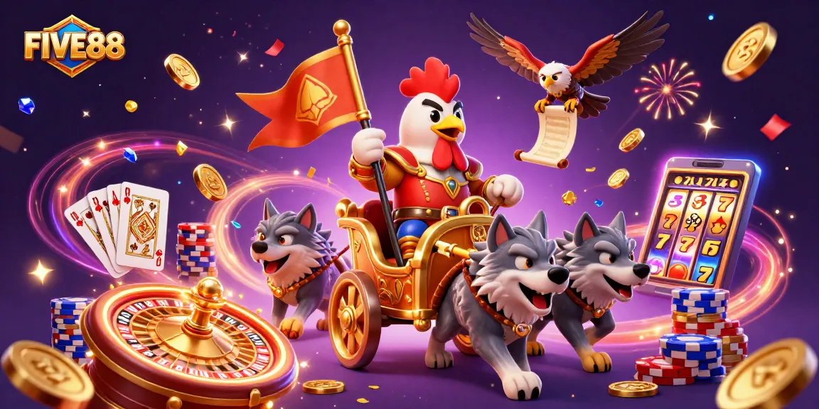 Experience thrilling gameplay at FIVE88 with a dynamic casino scene featuring an epic rooster warlord and golden treasures.
