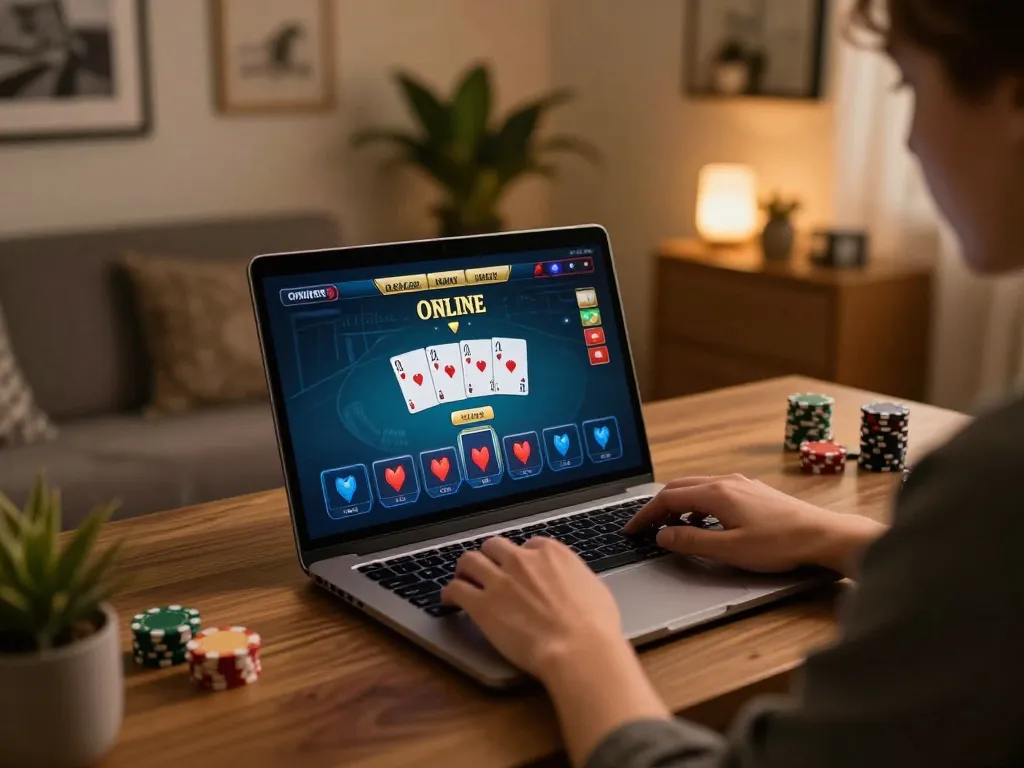 Engaging in Đăng ký Say88 on a laptop with poker game interface in a cozy home setting.