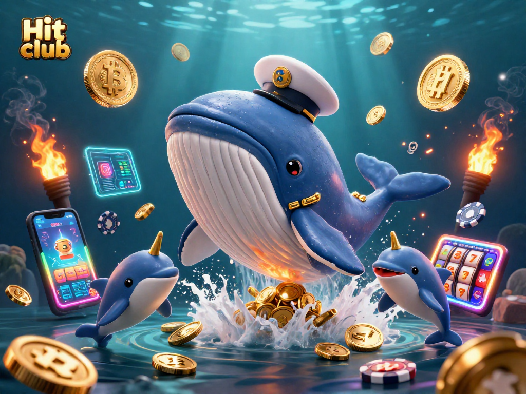 Engage in thrilling games with Hit club’s spectacular 3D illustration showcasing a whale and vibrant casino elements.