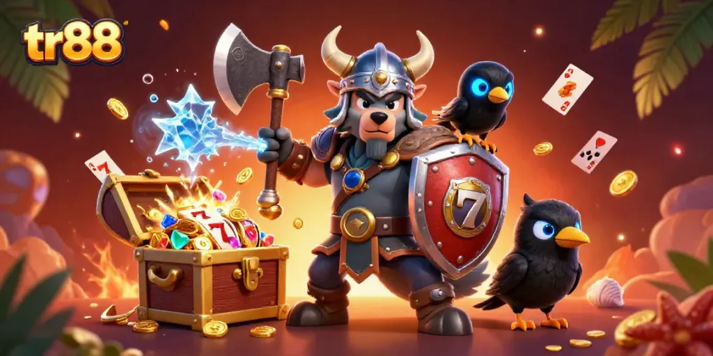 Engage with thrilling gameplay at tr88, featuring a Viking wolf warrior and a dragon amidst gold coins and slot reels.