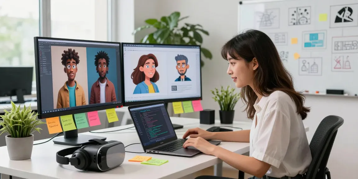A vibrant digital workspace illustrating character ai nsfw development with AI roleplay creativity and coding.