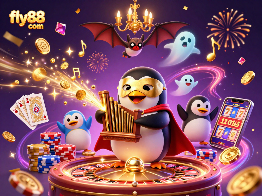 Experience thrilling gameplay at fly88 com with golden coins cascading from a phantom penguin organ in a colorful casino.