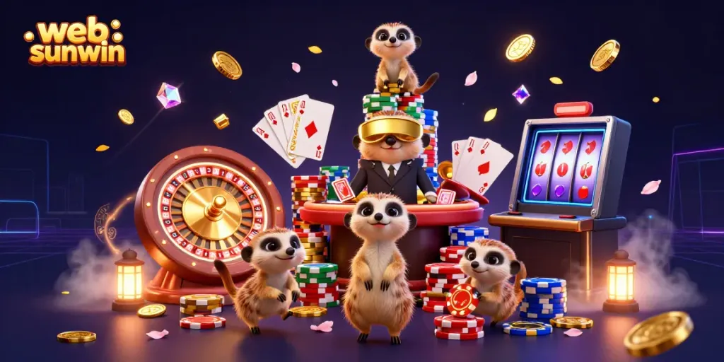 Experience a dynamic casino scene with meerkats and exciting gaming elements; web sunwin showcased through vibrant visuals.