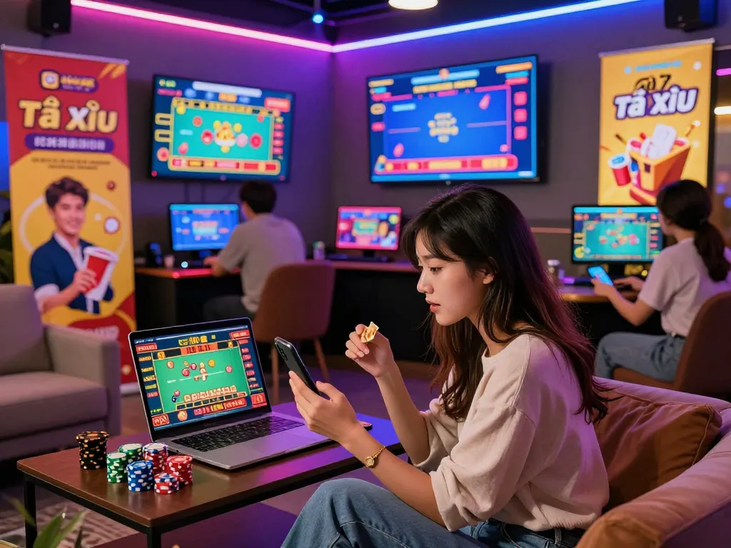 Exciting scene of players engaging in app tài xỉu online uy tín, showcasing a vibrant digital casino atmosphere.