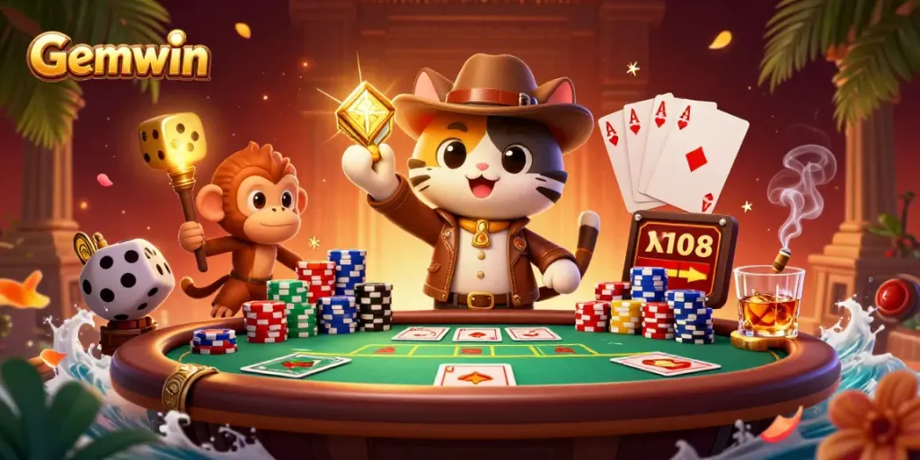 Experience the thrill of Gemwin with our iconic explorer and treasures in a vibrant casino scene.