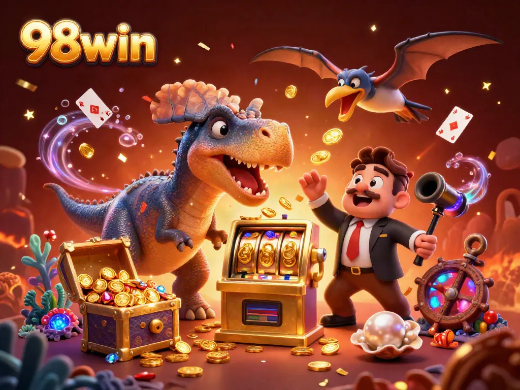 98win generates excitement with a pachycephalosaurus jackpot scene, where golden coins rain down at a lively casino.