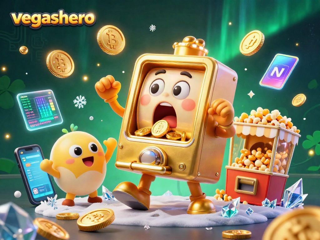Experience vegashero's thrilling jackpot excitement with vibrant cartoon slot machines and crypto elements.