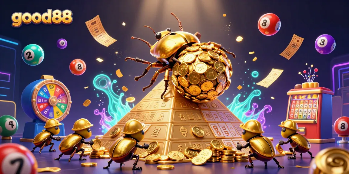 Spin and win with good88 in a vibrant 3D casino scene filled with golden treasures and lottery excitement.