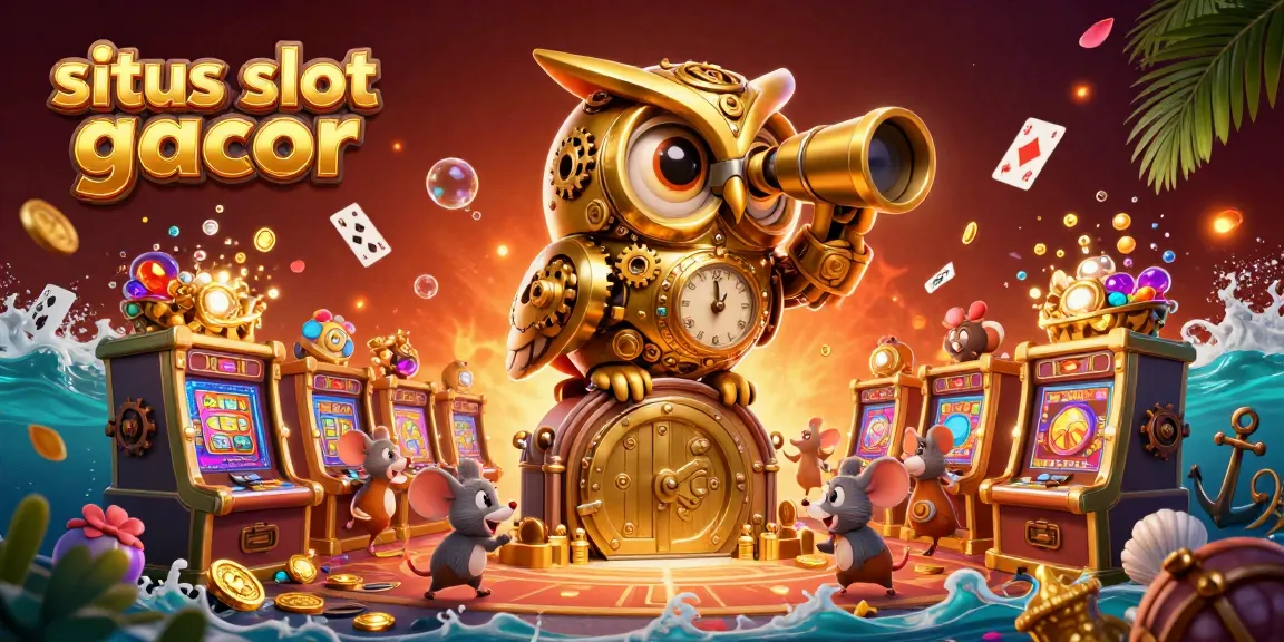 situs slot gacor engages players with animated golden owl overseeing lively gaming, vibrant coins cascading