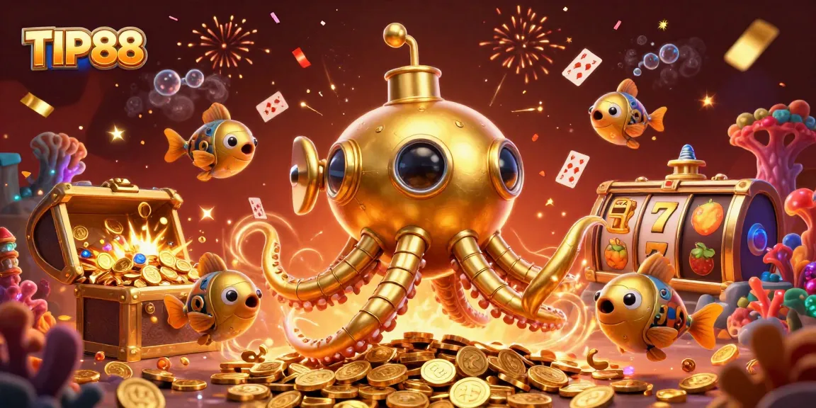 Engage in thrilling gaming at TIP88 with vibrant golden kraken and treasure-filled illustration.