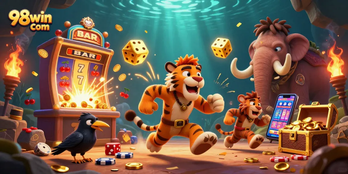 Join the excitement at 98win com with a spectacular prehistoric casino scene bursting with jackpots and thrilling games.