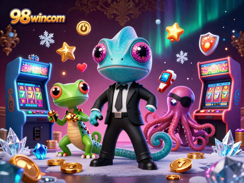 Join the action at 98wincom with a vibrant 3D casino illustration featuring playful characters and slot elements.