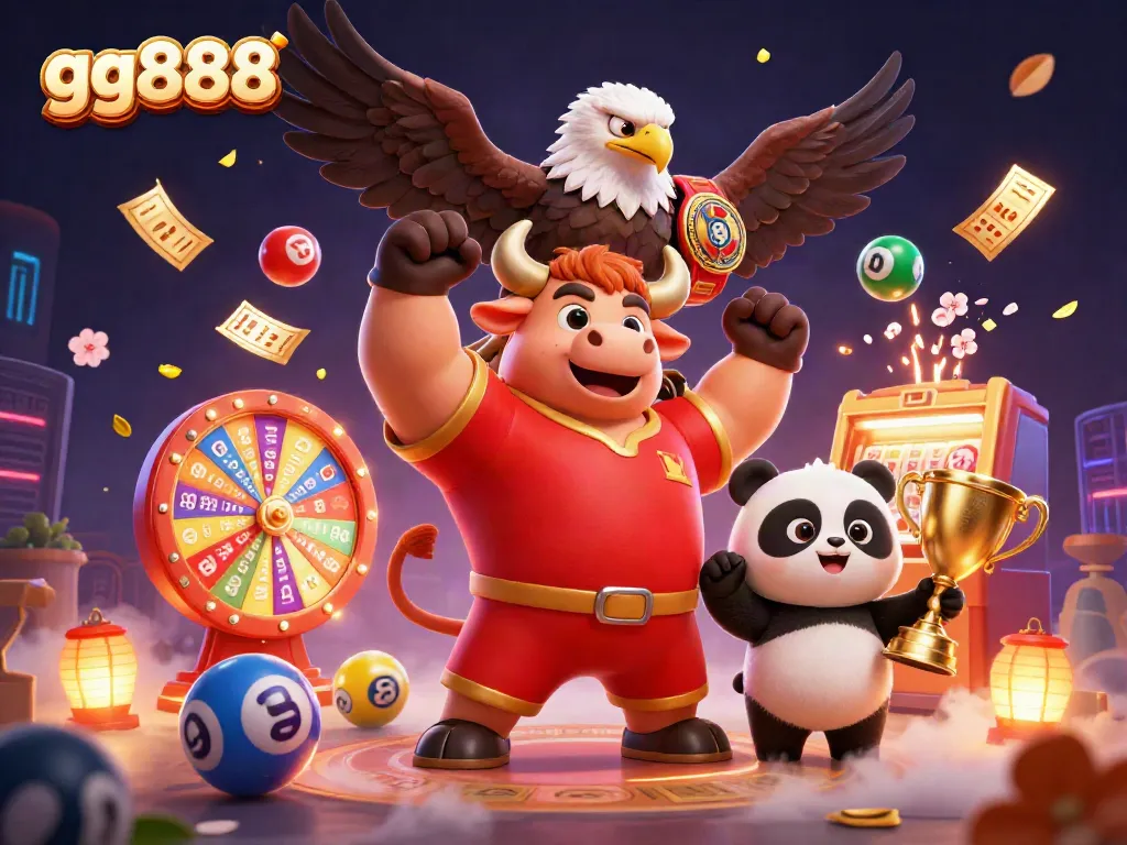Engage with gg888's vibrant casino atmosphere featuring a bull mascot, eagle, and panda celebrating with lottery elements.