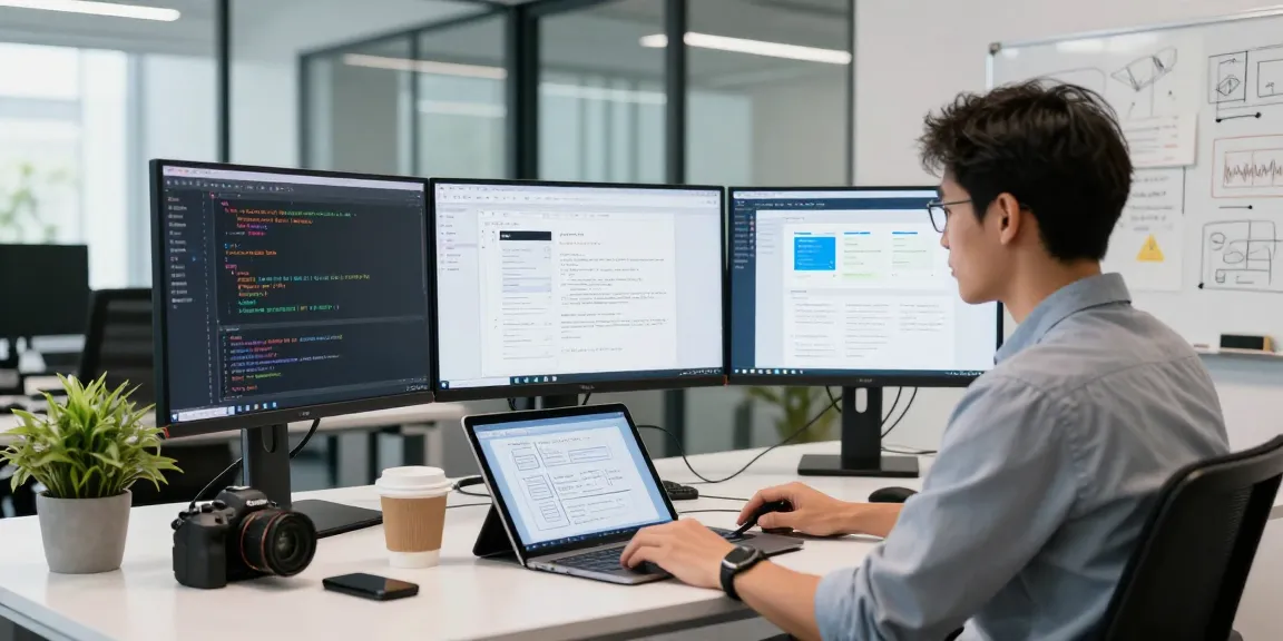 Build internal tools with AI in a dynamic office environment, showcasing a developer using advanced tech tools.