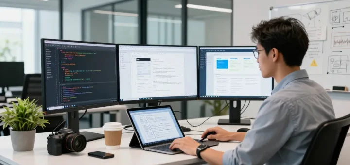 Build internal tools with AI in a dynamic office environment, showcasing a developer using advanced tech tools.